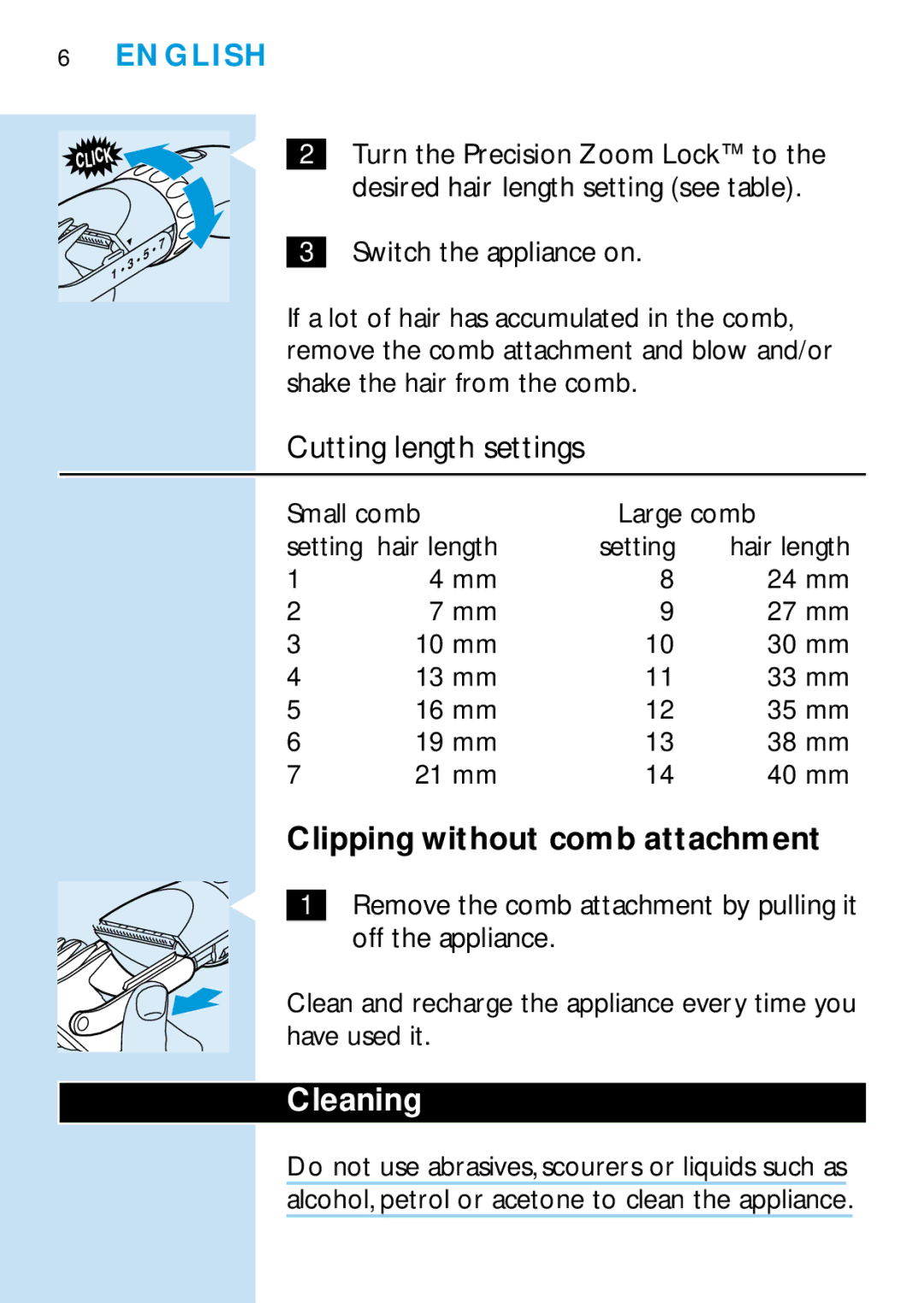 Philips HQC688 manual Cutting length settings, Clipping without comb attachment, Cleaning 