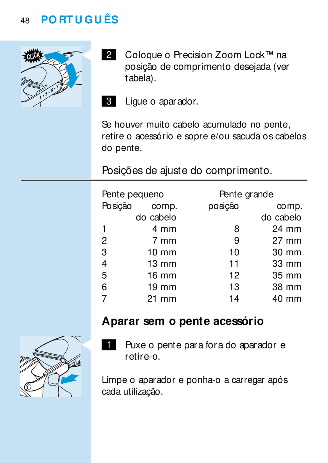 Philips HQC688 manual Posições de ajuste do comprimento, Aparar sem o pente acessório, Pente pequeno Pente grande, Comp 