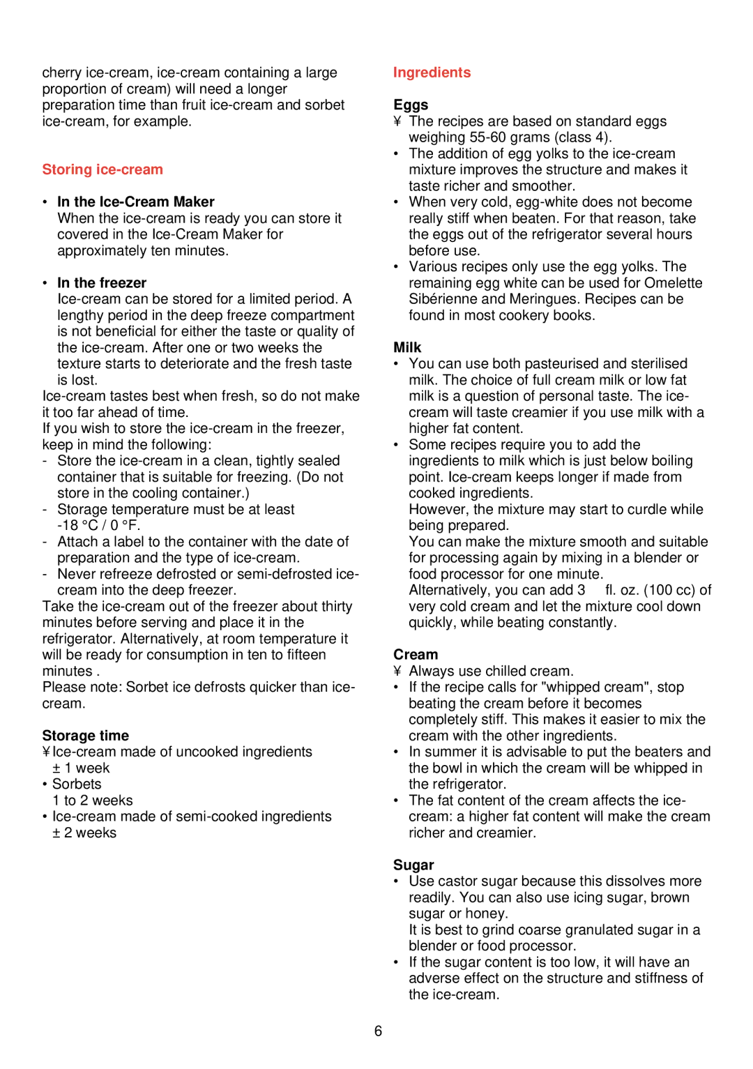 Philips HR 2300 manual Storing ice-cream, Ingredients 