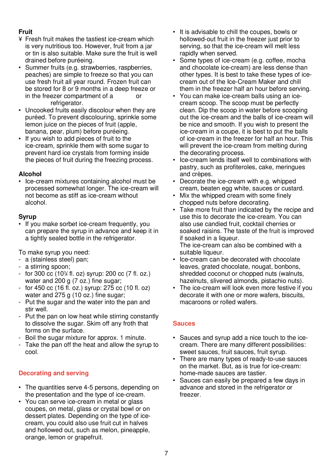 Philips HR 2300 manual Fruit, Alcohol, Syrup, Decorating and serving, Sauces 