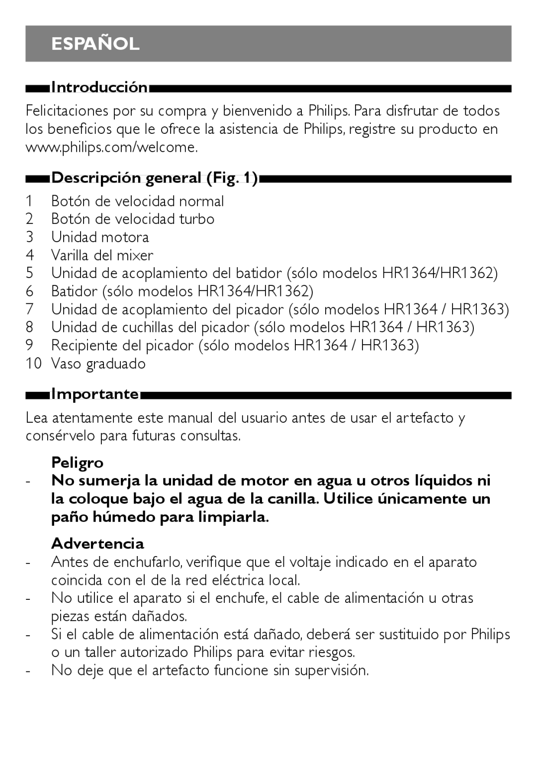 Philips HR1363, HR1364, HR1362, HR1366 user manual Introducción Descripción general, Importante 