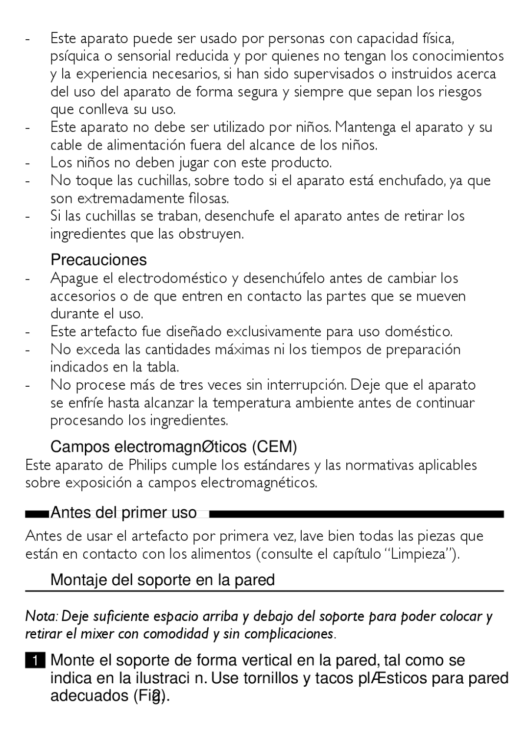 Philips HR1366, HR1364 Precauciones, Campos electromagnéticos CEM, Antes del primer uso, Montaje del soporte en la pared 