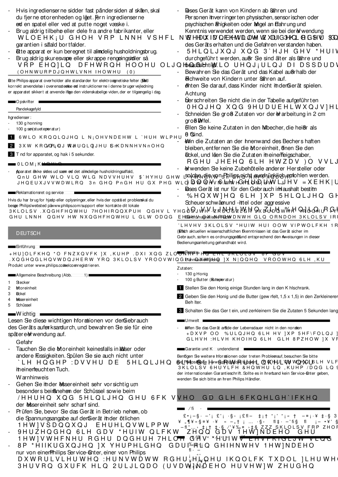 Philips HR1393 user manual Wichtig, Gefahr, Warnhinweis, Achtung 