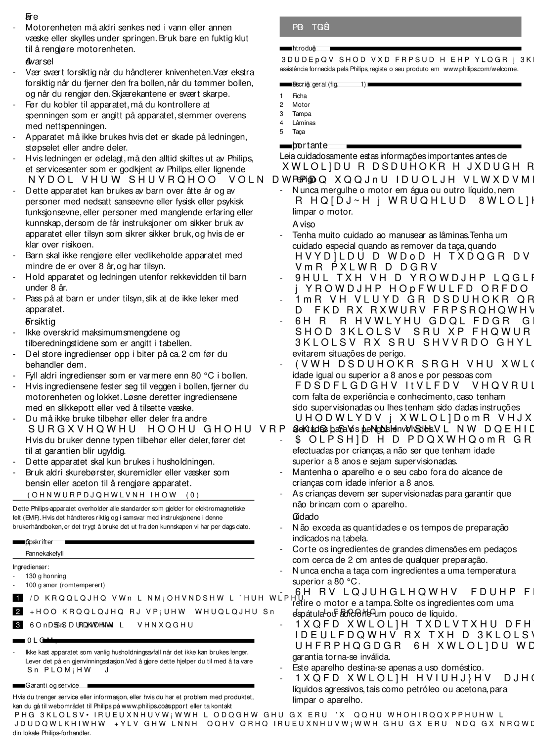 Philips HR1393 user manual Forsiktig, Perigo, Aviso, Cuidado, Português 