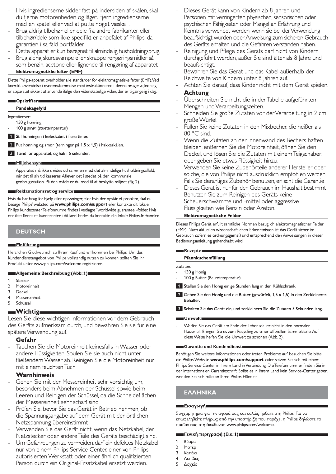 Philips HR1393 user manual Wichtig, Gefahr, Warnhinweis, Achtung 