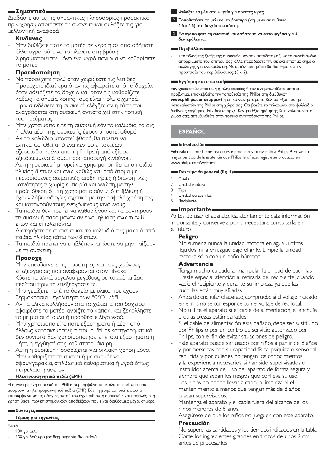 Philips HR1393 user manual Σημαντικό, Importante, Peligro, Advertencia, Precaución 