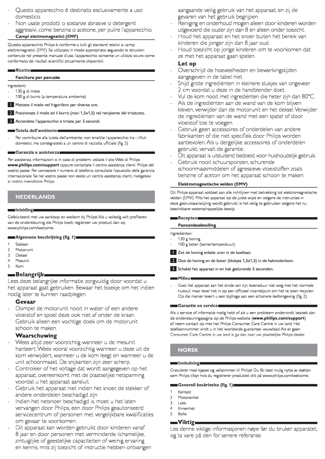 Philips HR1393 user manual Belangrijk, Gevaar, Waarschuwing, Let op, Viktig 