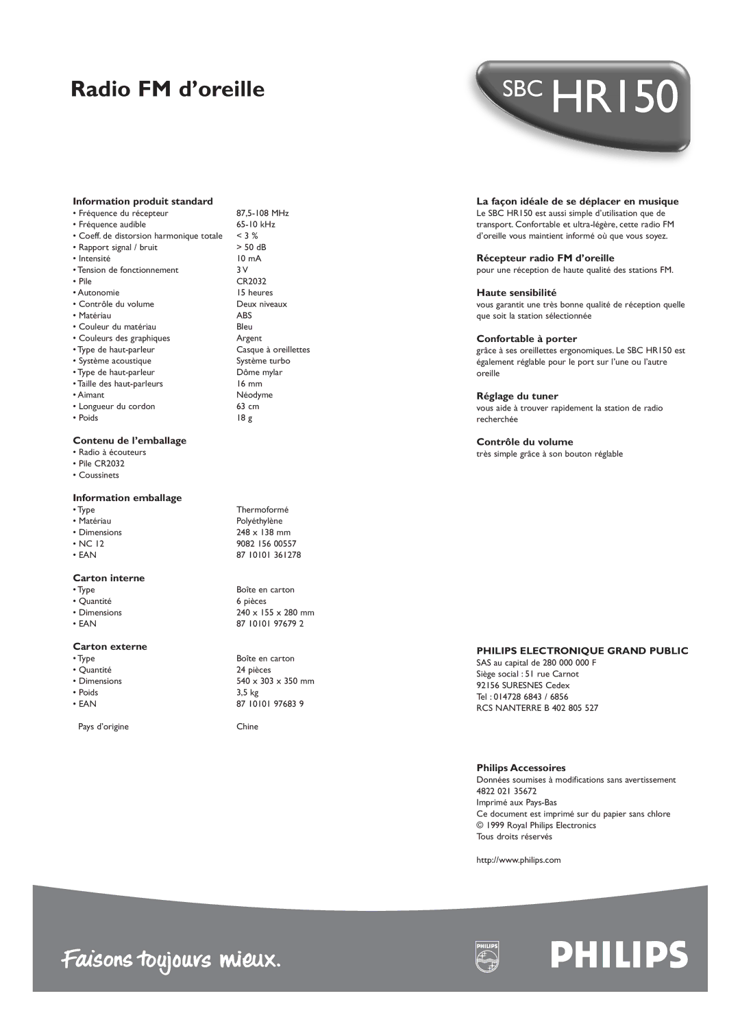 Philips HR150 Information produit standard, Contenu de l’emballage, Information emballage, Carton interne, Carton externe 