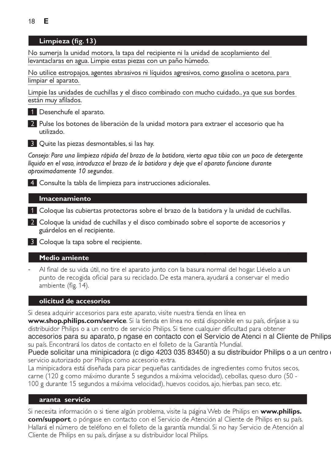 Philips HR1619 manual Limpieza, Almacenamiento, Medio ambiente, Solicitud de accesorios, Garantía y servicio 