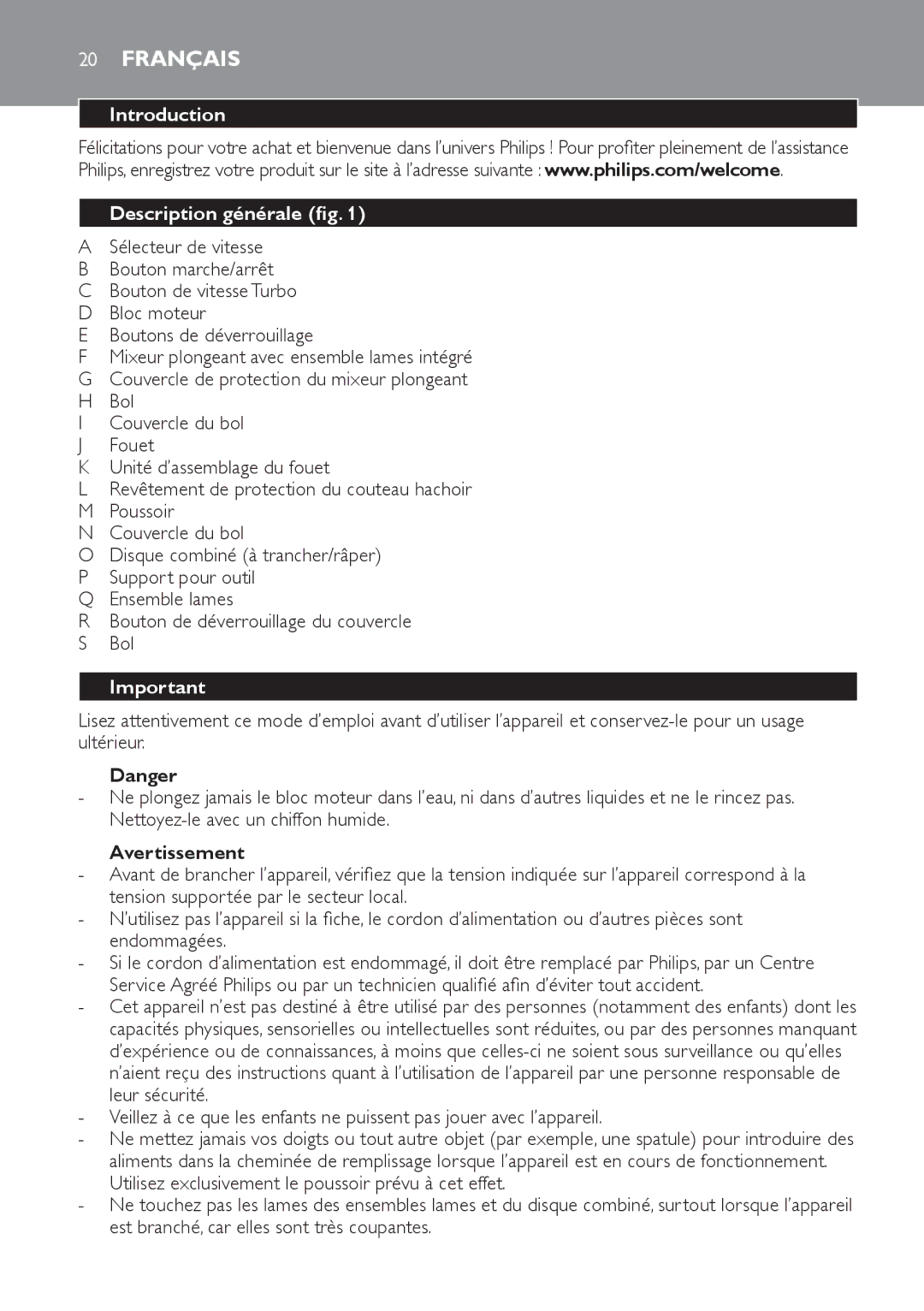 Philips HR1619 manual Introduction Description générale, Avertissement 