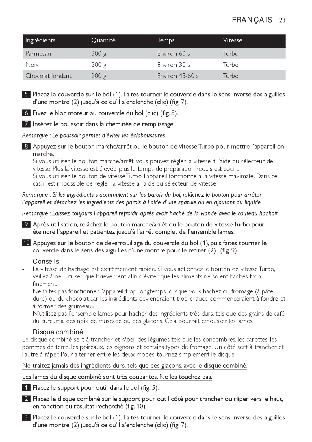 Philips HR1619 manual Conseils, Disque combiné 