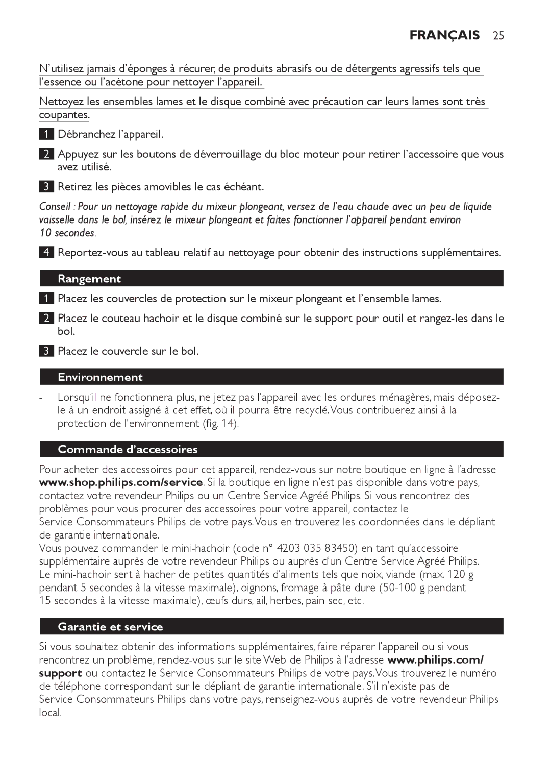 Philips HR1619 manual Rangement, Environnement, Commande d’accessoires, Garantie et service 