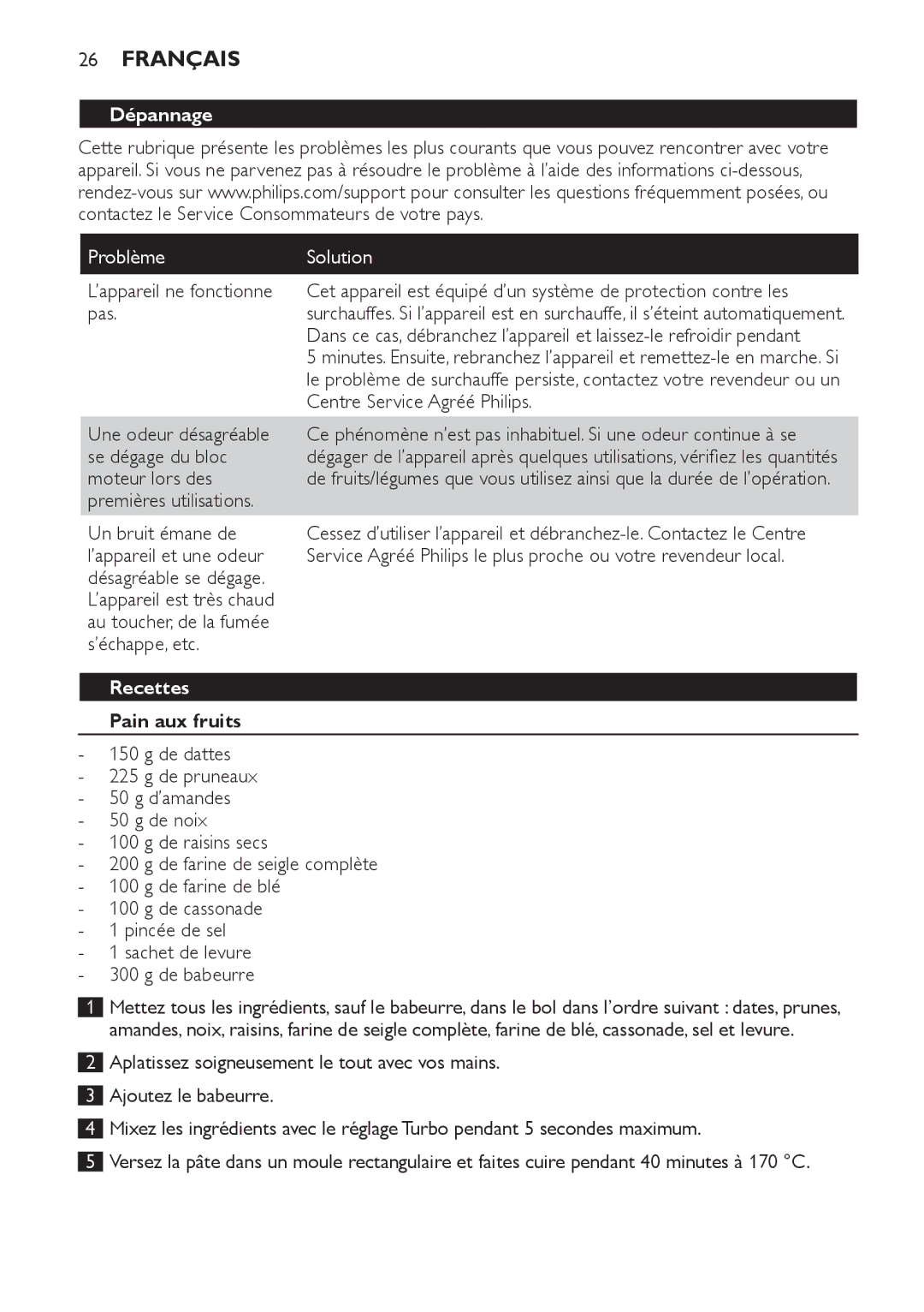 Philips HR1619 manual Dépannage, Problème Solution, Recettes, Pain aux fruits 