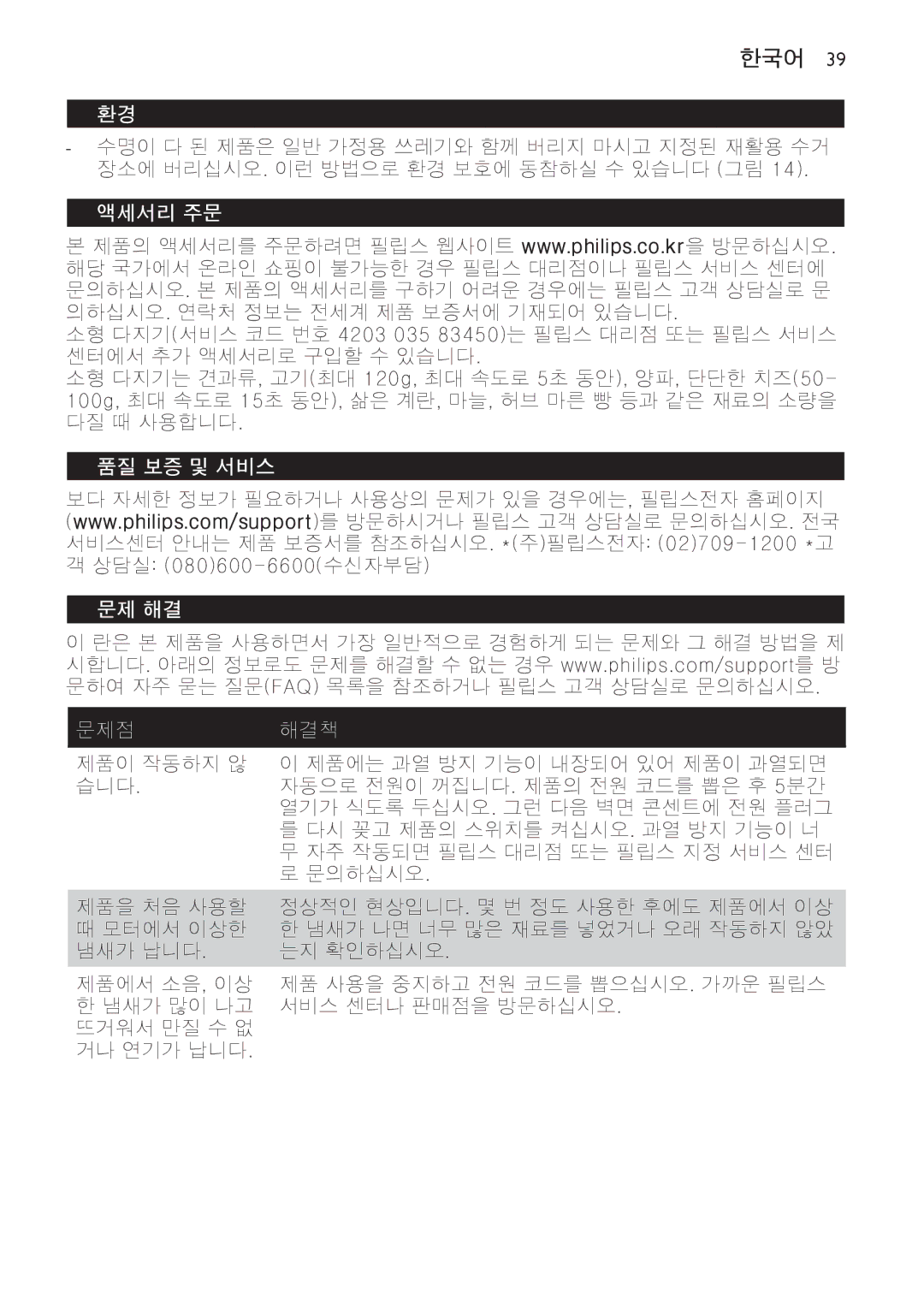 Philips HR1619 manual 액세서리 주문, 품질 보증 및 서비스 문제 해결, 문제점해결책 