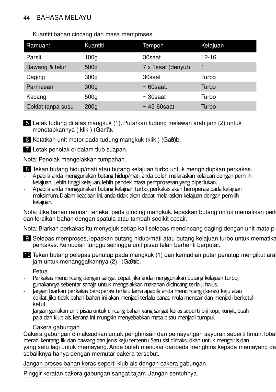 Philips HR1619 manual Kuantiti bahan cincang dan masa memproses , Ramuan Kuantiti Tempoh Kelajuan, Petua, Cakera gabungan 