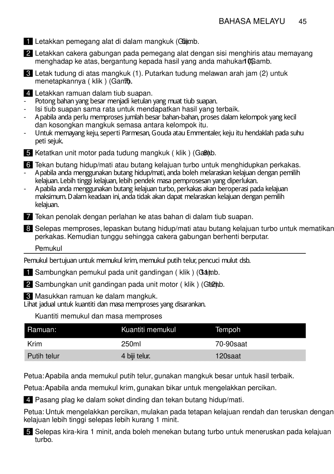 Philips HR1619 manual Letakkan pemegang alat di dalam mangkuk Gamb, Pemukul, Kuantiti memukul dan masa memproses 