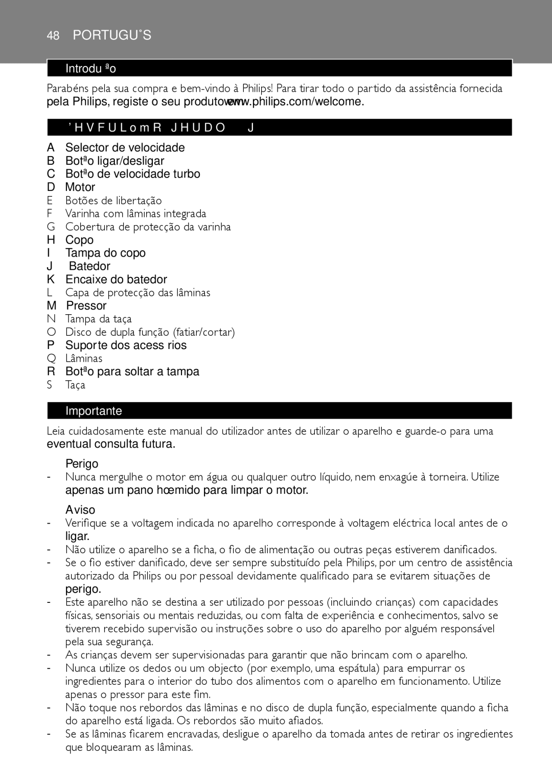 Philips HR1619 manual Introdução Descrição geral, Perigo, Aviso 