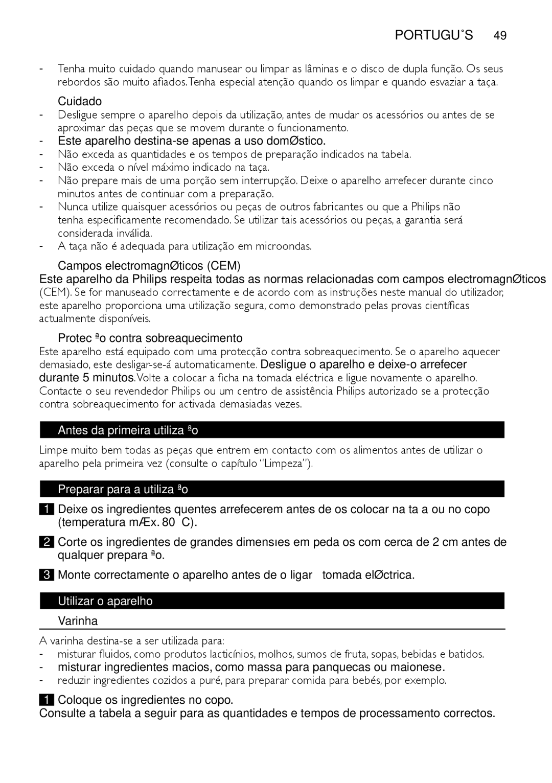 Philips HR1619 manual Português, Antes da primeira utilização, Preparar para a utilização, Utilizar o aparelho 