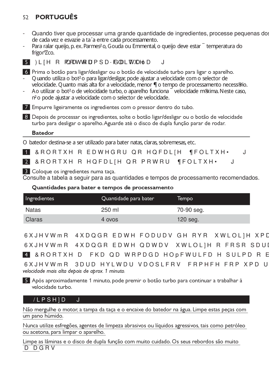 Philips HR1619 manual Batedor, Quantidades para bater e tempos de processamento, Ingredientes Quantidade para bater Tempo 