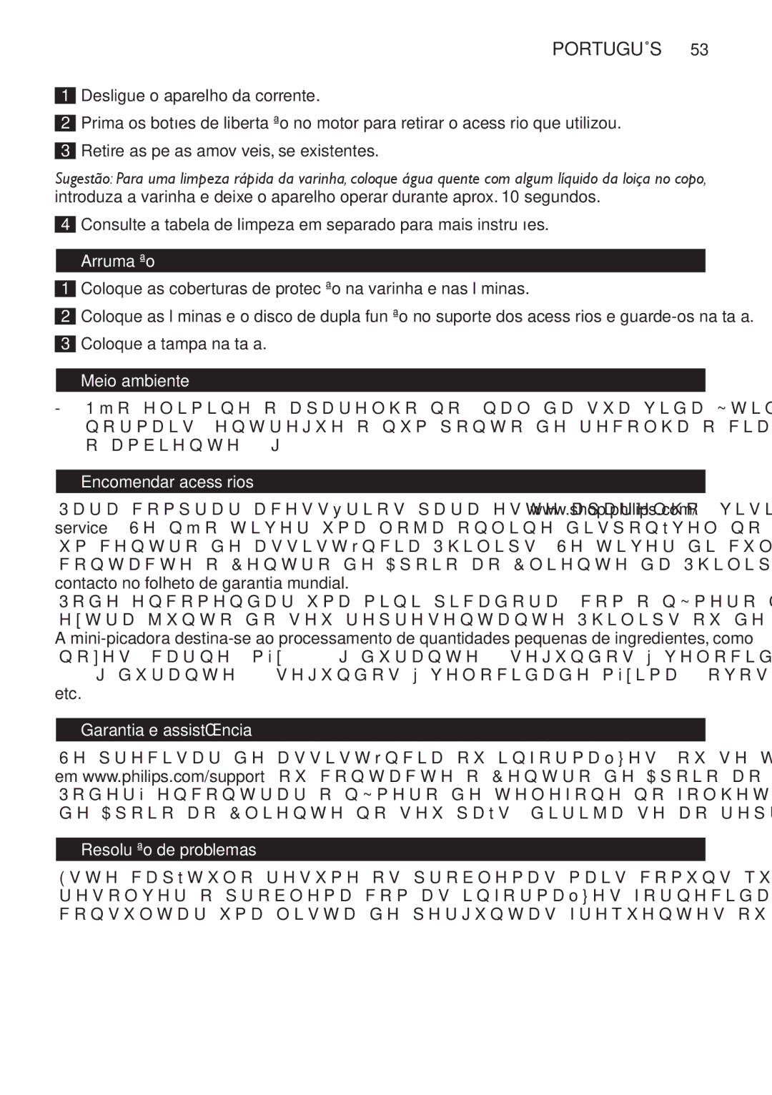 Philips HR1619 manual Arrumação, Meio ambiente, Encomendar acessórios, Garantia e assistência Resolução de problemas 