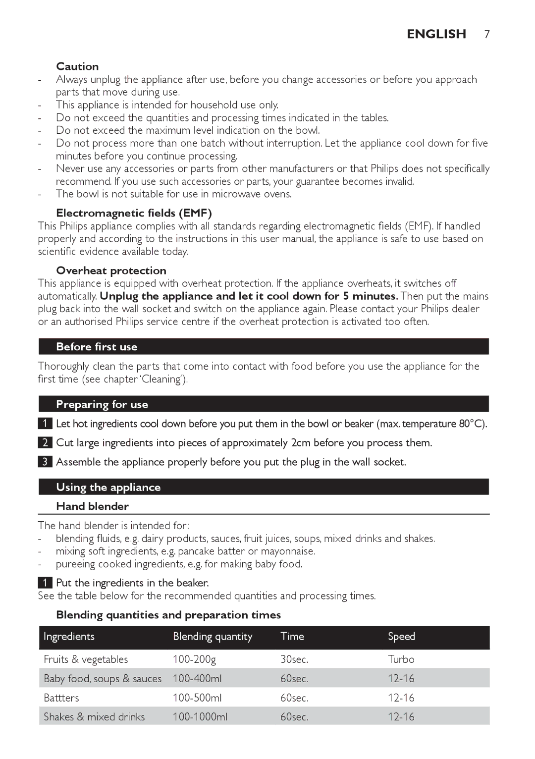 Philips HR1619 manual English, Before first use, Preparing for use, Using the appliance 