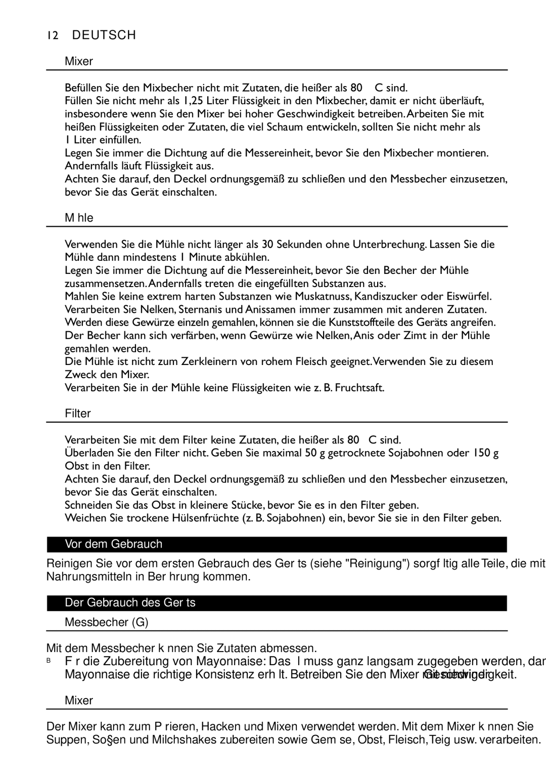 Philips HR1720, HR1721, HR1724, HR1727 manual Mühle, Vor dem Gebrauch, Der Gebrauch des Geräts, Messbecher G 