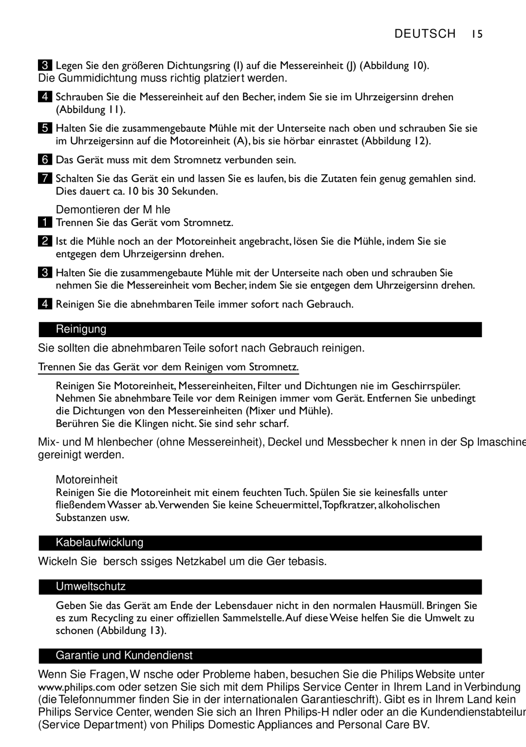 Philips HR1727, HR1720, HR1721, HR1724 manual Reinigung, Kabelaufwicklung, Umweltschutz, Garantie und Kundendienst 