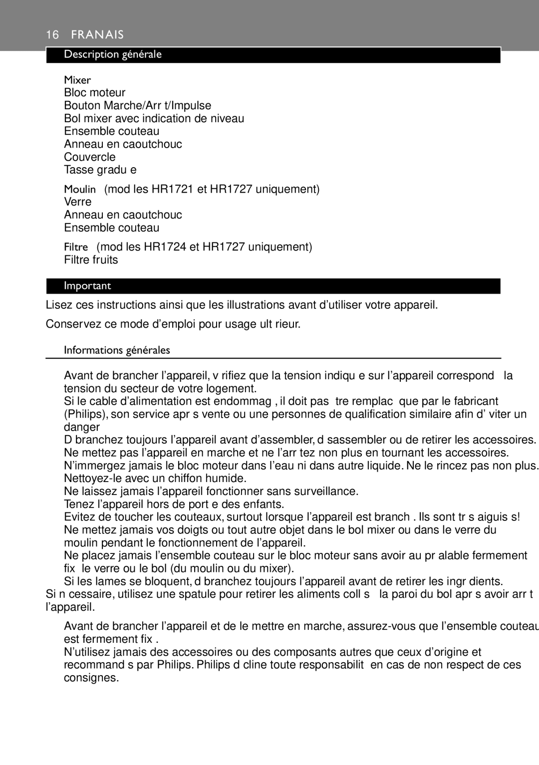 Philips HR1720, HR1721, HR1724, HR1727 manual Français, Description générale, Informations générales 