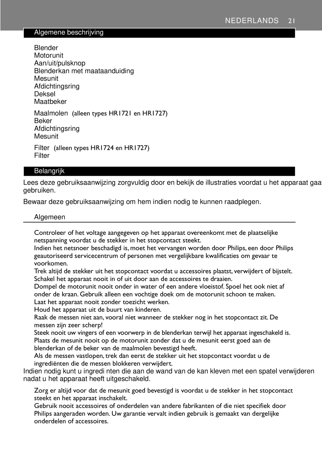 Philips HR1721, HR1720 manual Nederlands, Algemene beschrijving, Filter alleen types HR1724 en HR1727, Belangrijk, Algemeen 