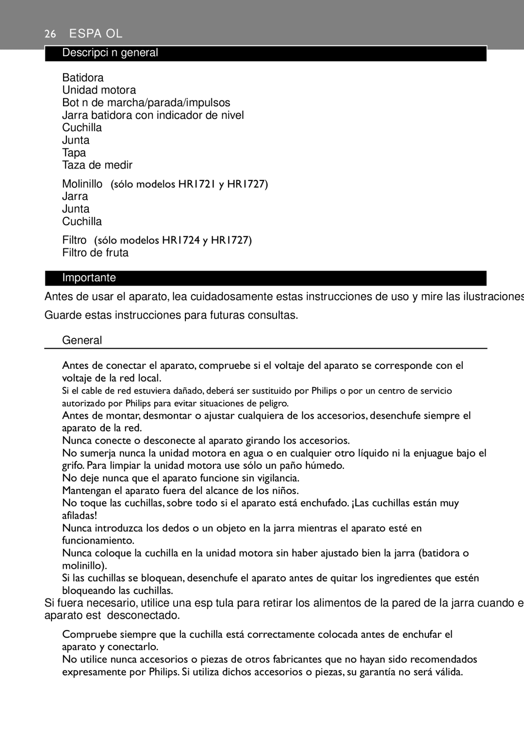 Philips HR1724, HR1720, HR1721, HR1727 manual Español, Descripción general, Batidora, Importante 