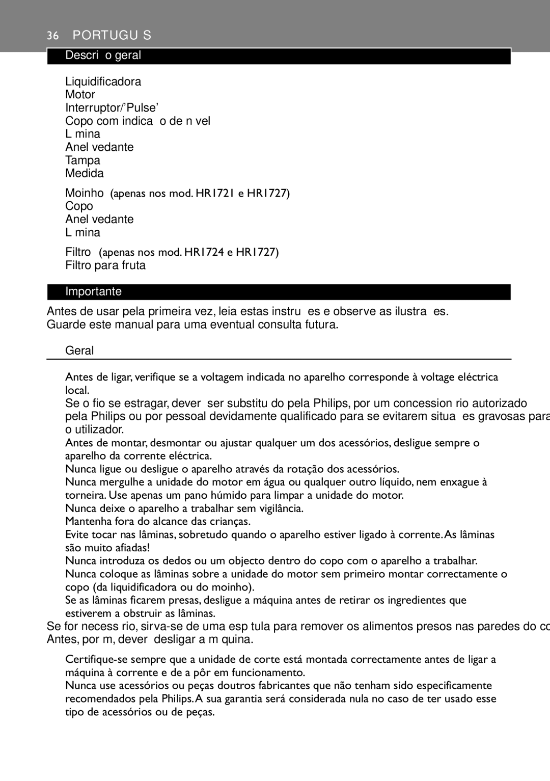 Philips HR1720 manual Português, Descrição geral, Liquidificadora, Filtro apenas nos mod. HR1724 e HR1727 Filtro para fruta 