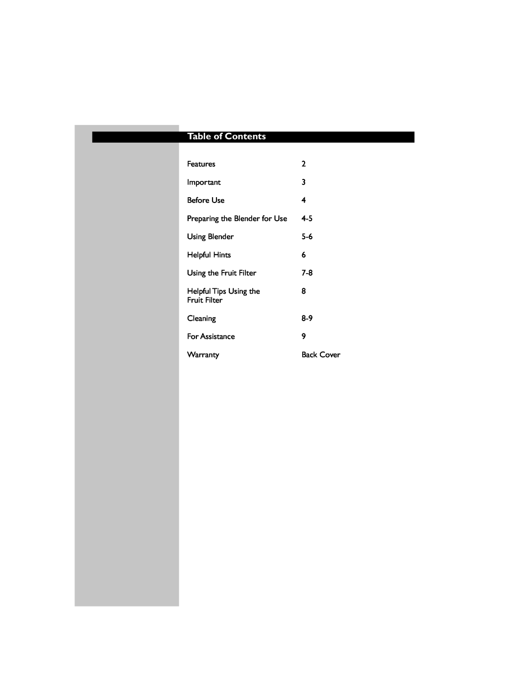 Philips HR1744 manual Table of Contents 