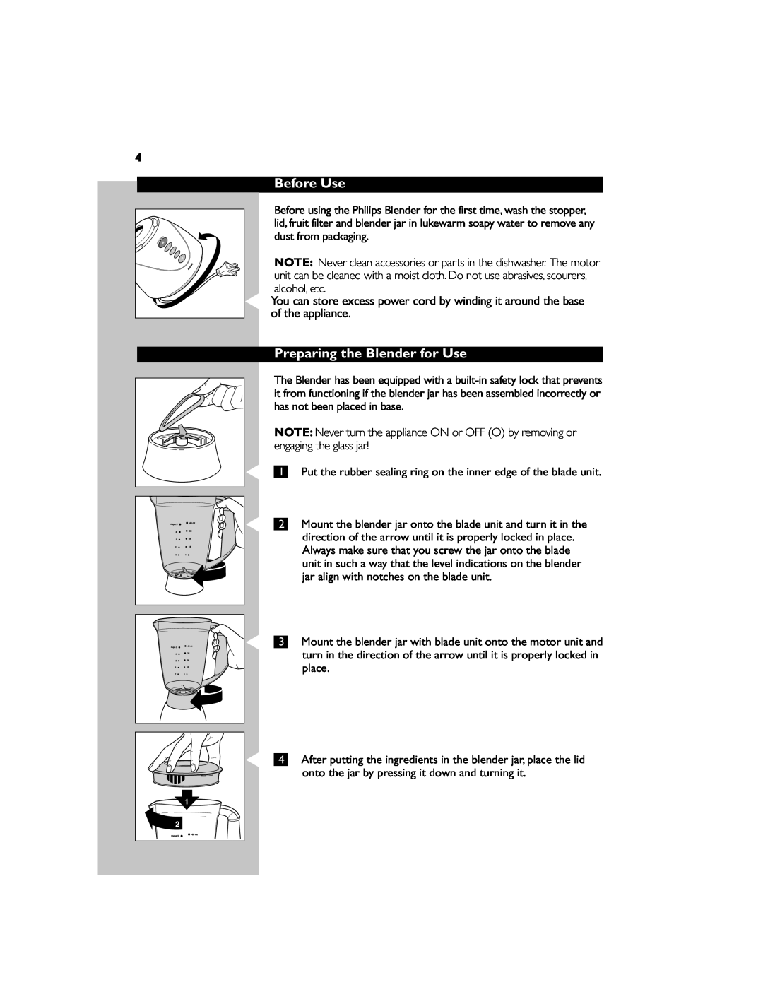 Philips HR1744 manual Before Use, Preparing the Blender for Use 