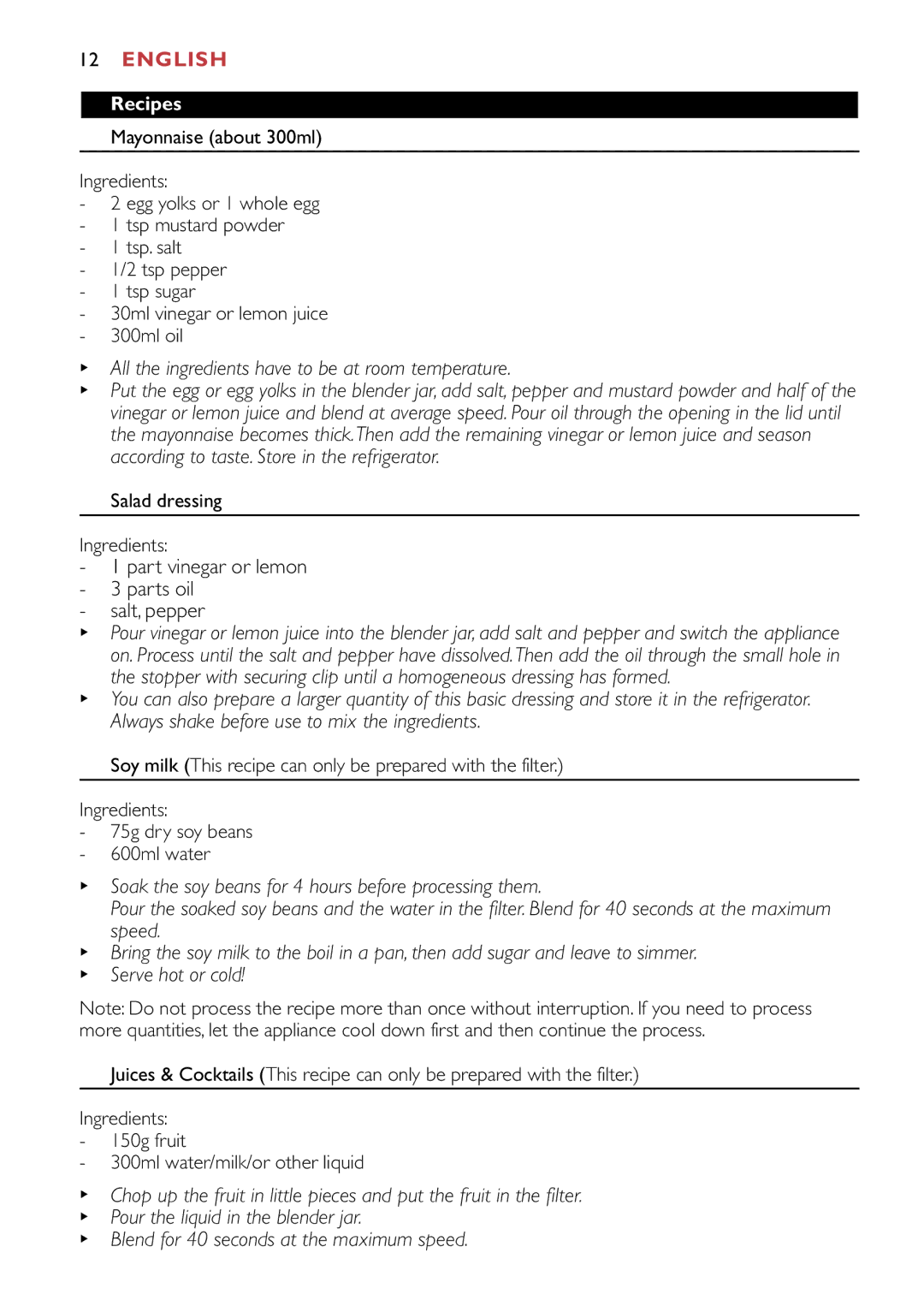 Philips HR1747, HR1741 manual All the ingredients have to be at room temperature, Recipes, Salad dressing Ingredients 