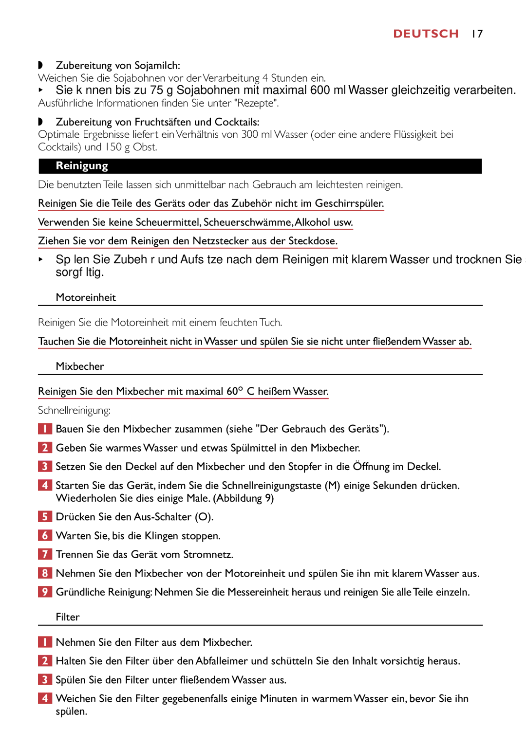 Philips HR1741, HR1747 manual Reinigung 