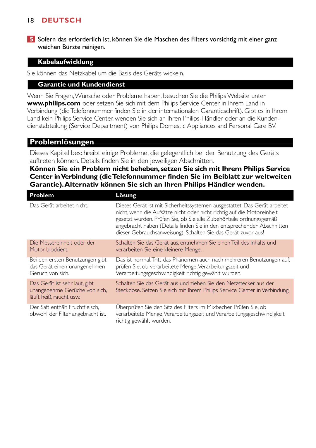 Philips HR1747, HR1741 manual Problemlösungen, Kabelaufwicklung, Sie können das Netzkabel um die Basis des Geräts wickeln 