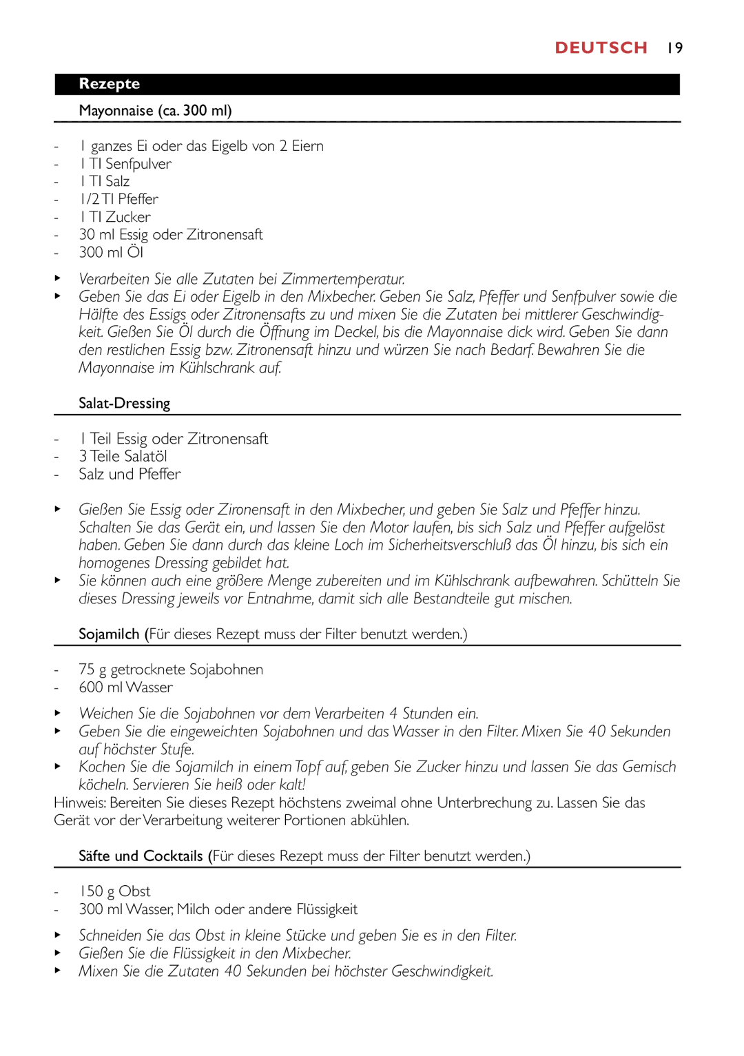 Philips HR1741, HR1747 manual Verarbeiten Sie alle Zutaten bei Zimmertemperatur, Rezepte, Salat-Dressing 