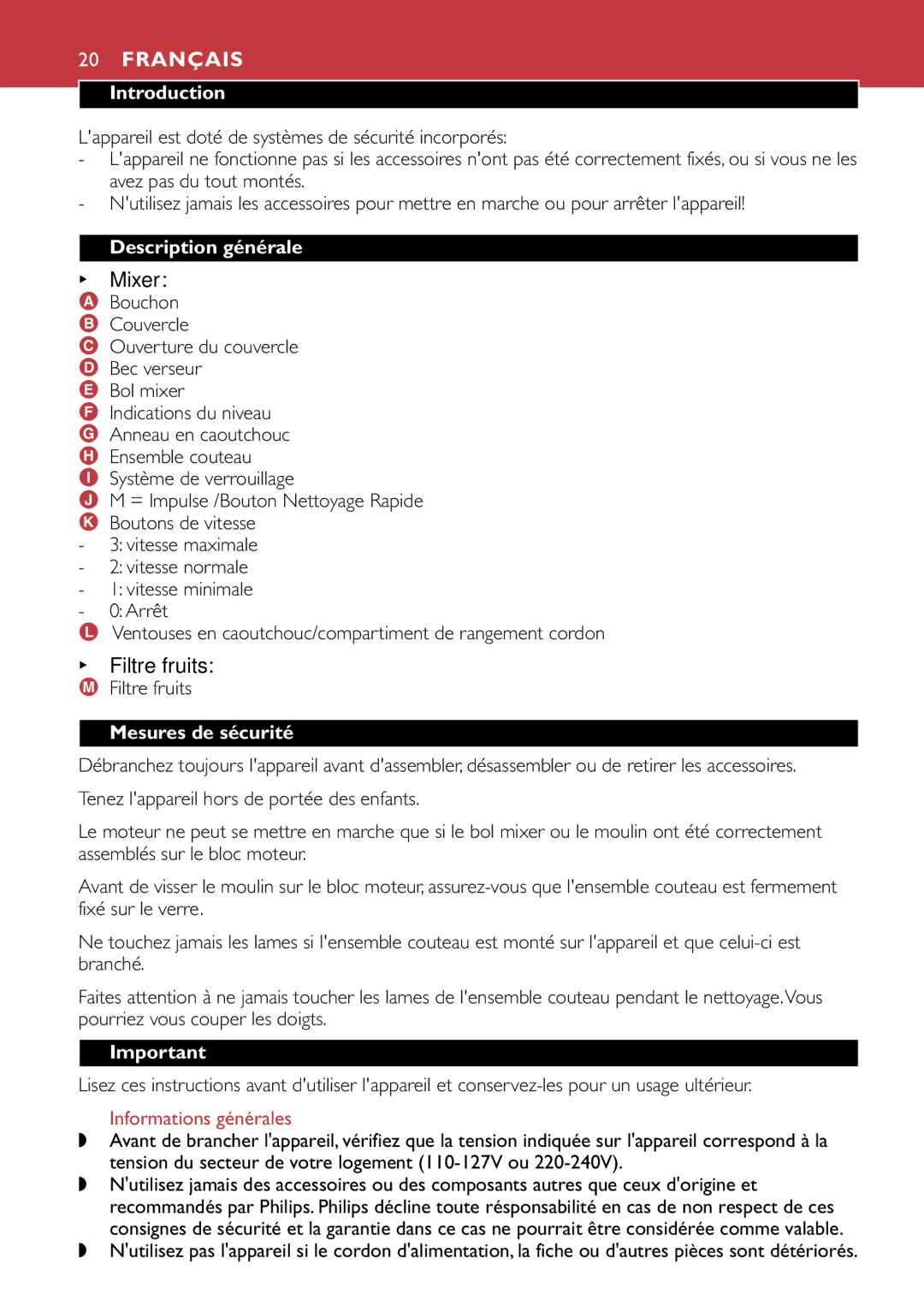 Philips HR1747, HR1741 manual Français, Filtre fruits, Description générale, Mesures de sécurité, Informations générales 