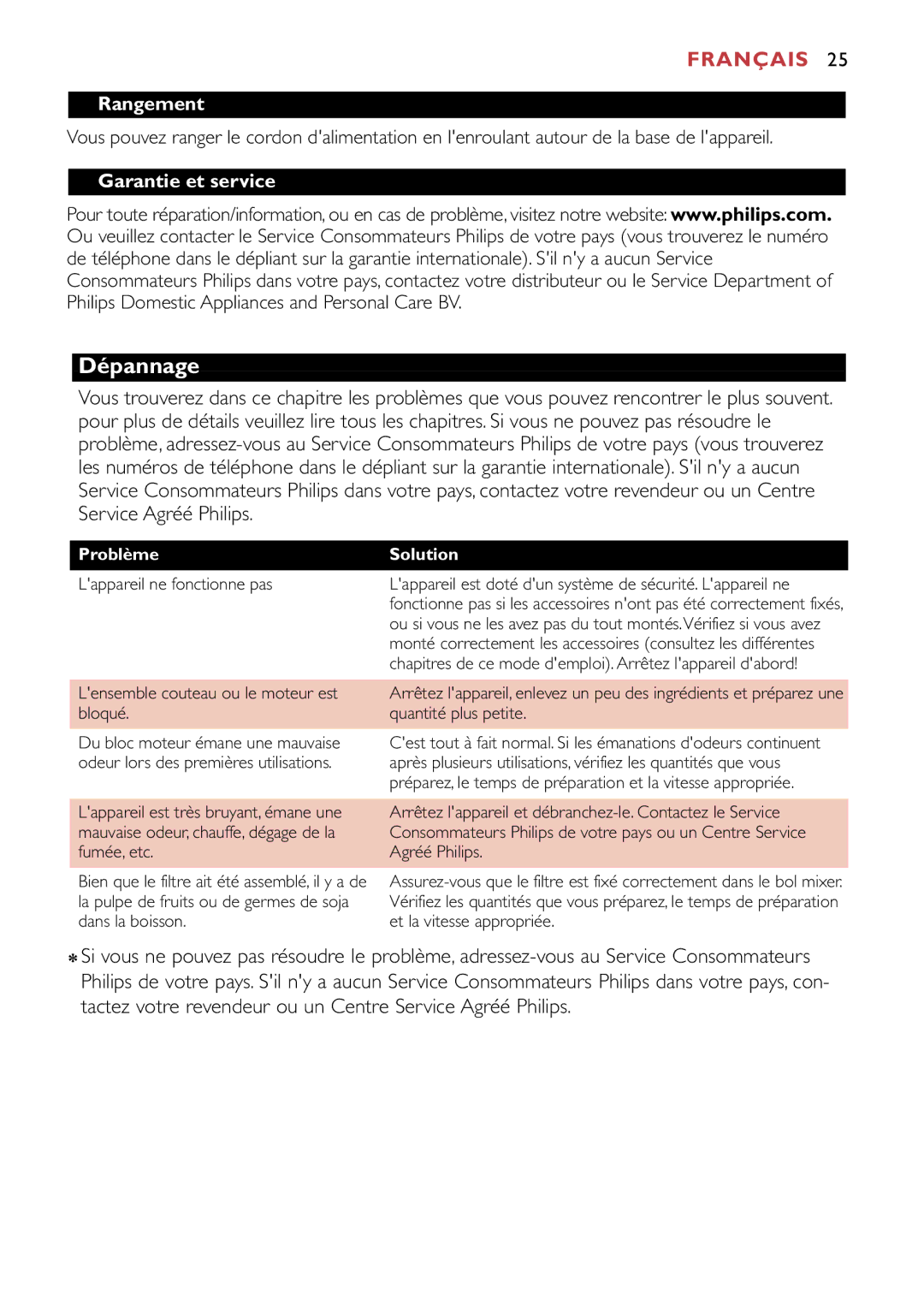 Philips HR1741, HR1747 manual Dépannage, Rangement, Garantie et service, Problème 