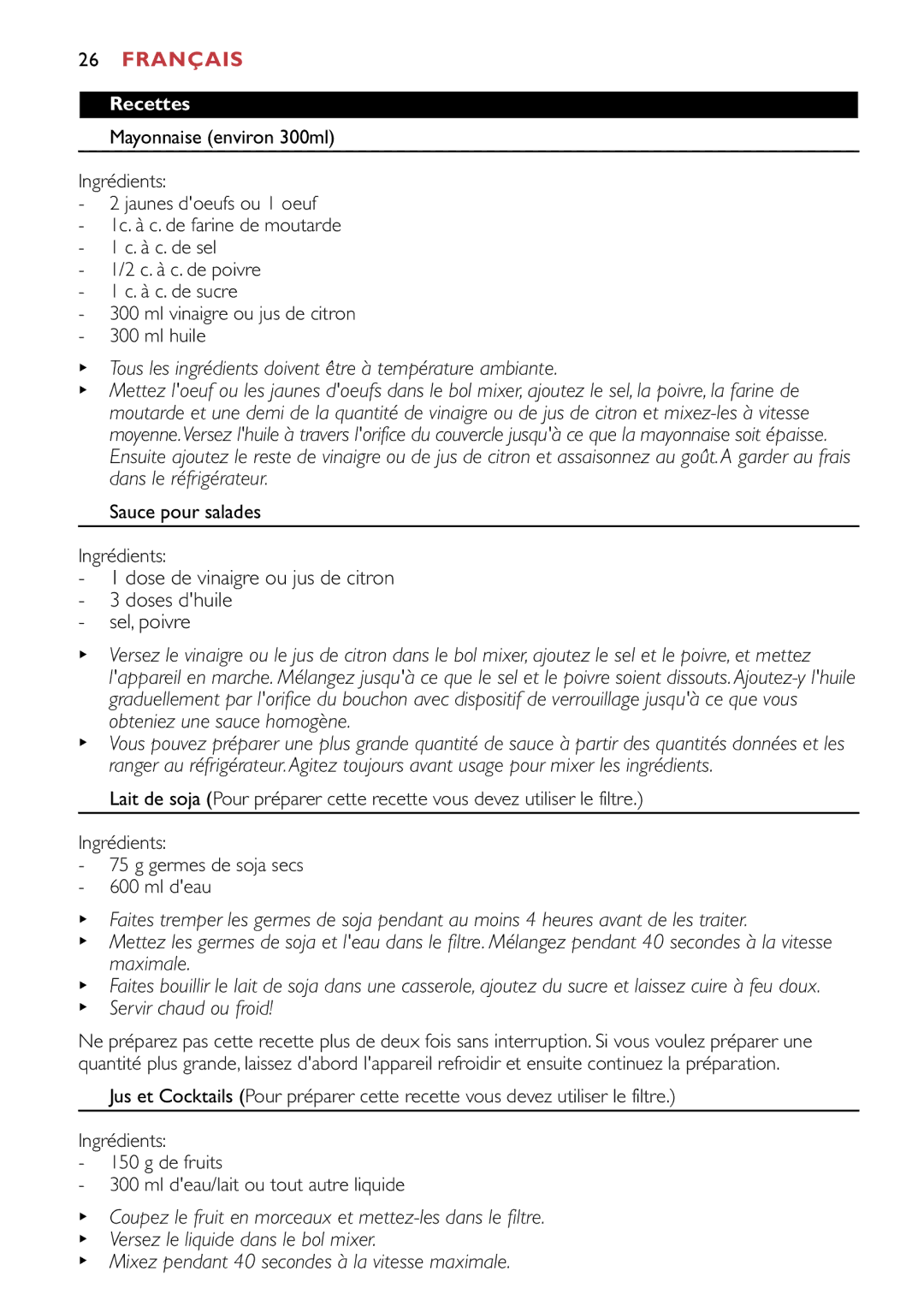 Philips HR1747, HR1741 manual Tous les ingrédients doivent être à température ambiante, Servir chaud ou froid, Recettes 