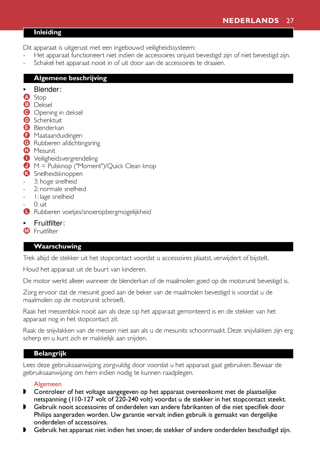 Philips HR1741, HR1747 manual Nederlands, Fruitfilter 