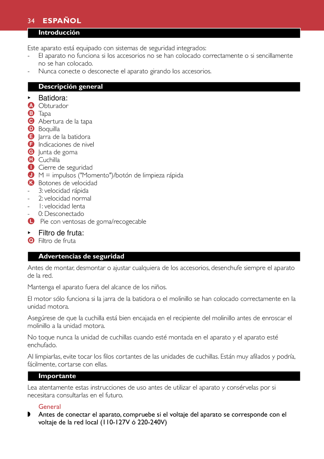 Philips HR1747, HR1741 manual Español, Batidora, Filtro de fruta 