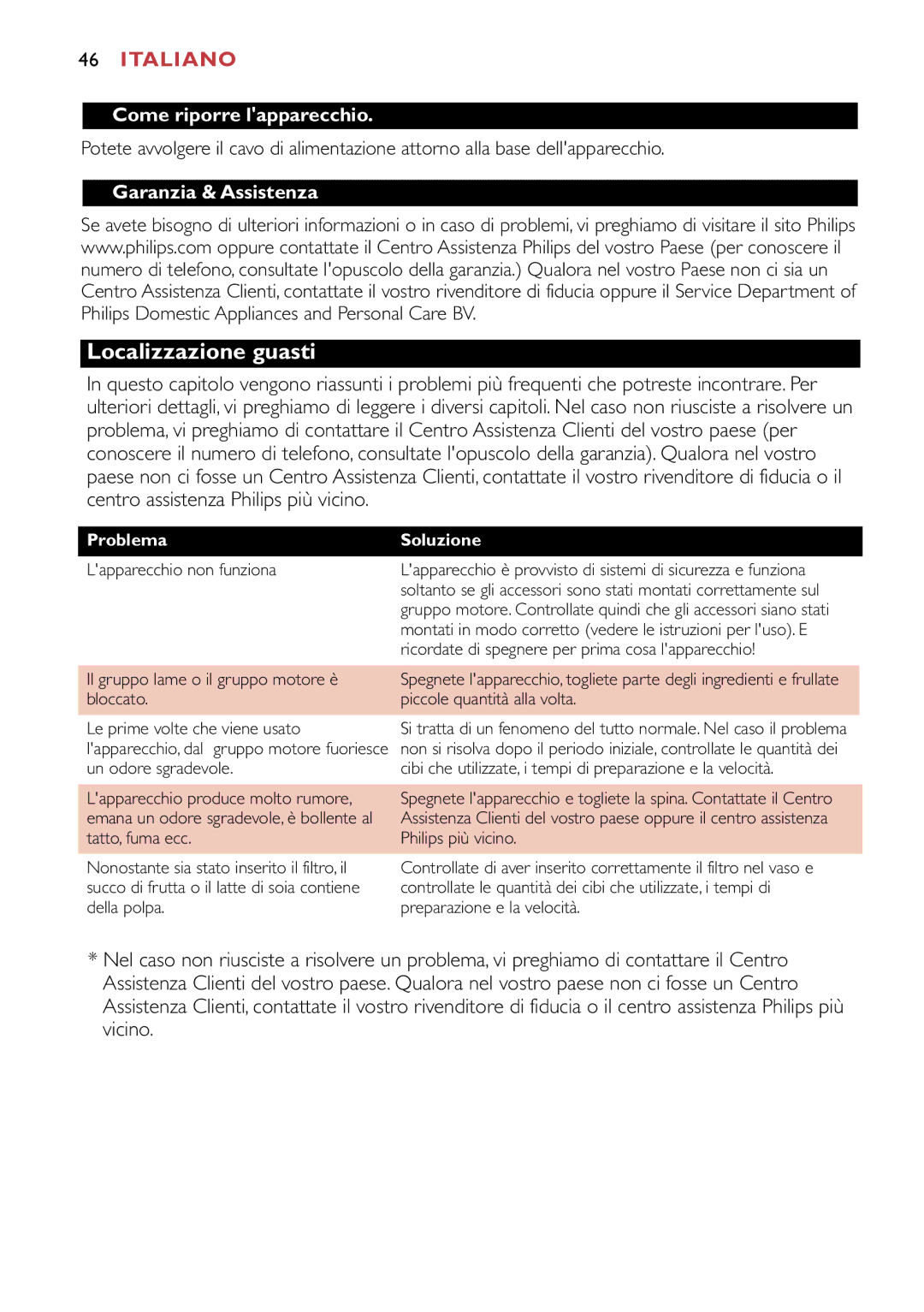 Philips HR1747, HR1741 manual Localizzazione guasti, Come riporre lapparecchio, Garanzia & Assistenza, Problema Soluzione 