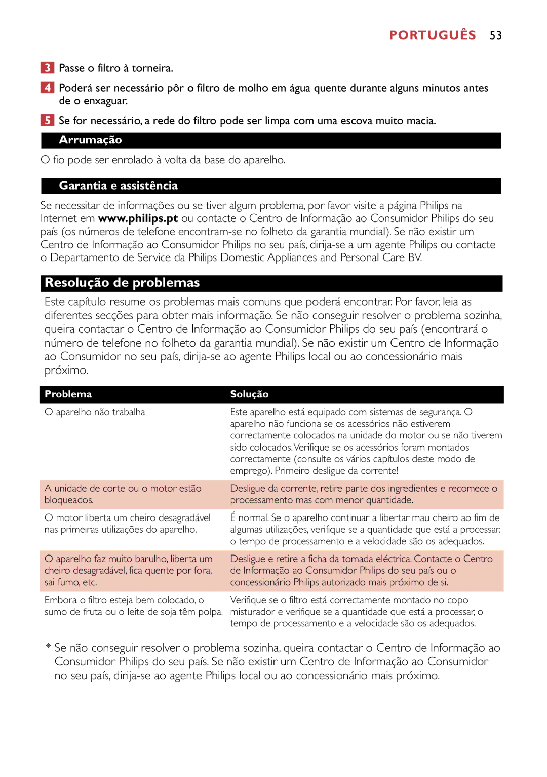 Philips HR1741 Resolução de problemas, Arrumação, Fio pode ser enrolado à volta da base do aparelho, Problema Solução 