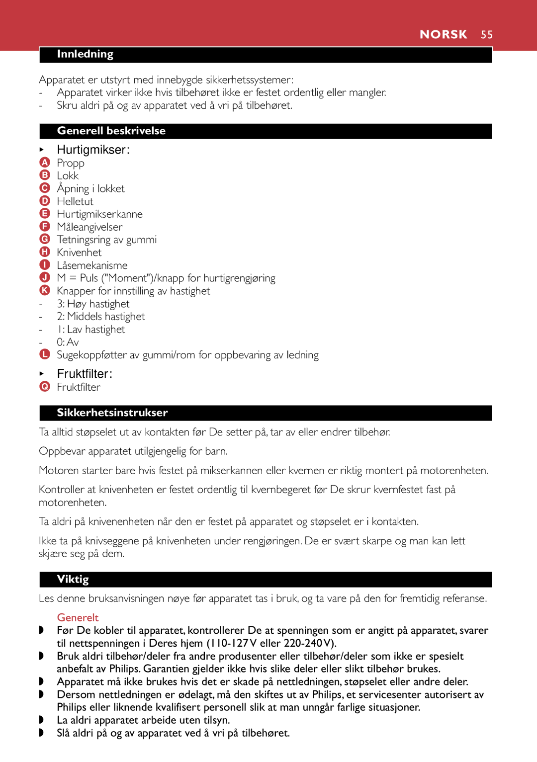 Philips HR1741, HR1747 manual Norsk, Hurtigmikser, Fruktfilter 