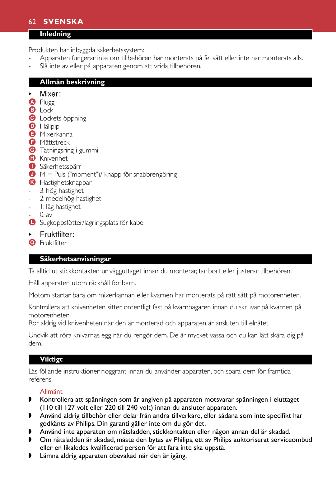 Philips HR1747, HR1741 manual Svenska, Inledning, Allmän beskrivning, Säkerhetsanvisningar, Viktigt 