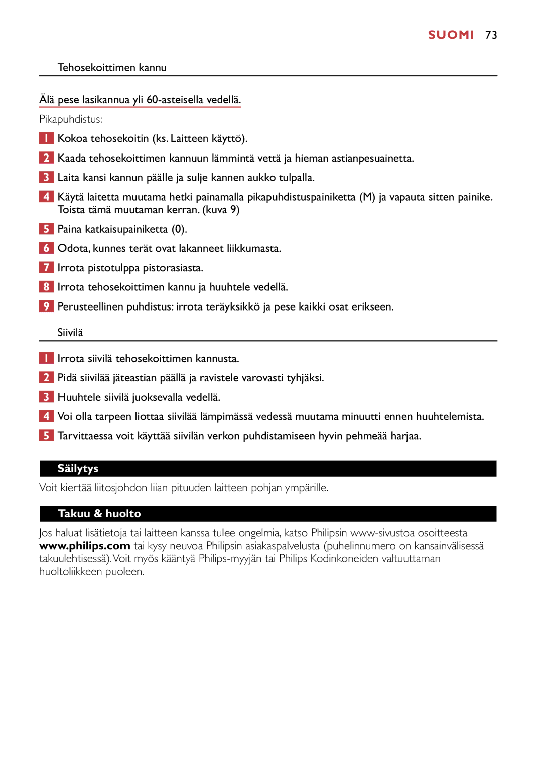 Philips HR1741, HR1747 manual Säilytys, Takuu & huolto 