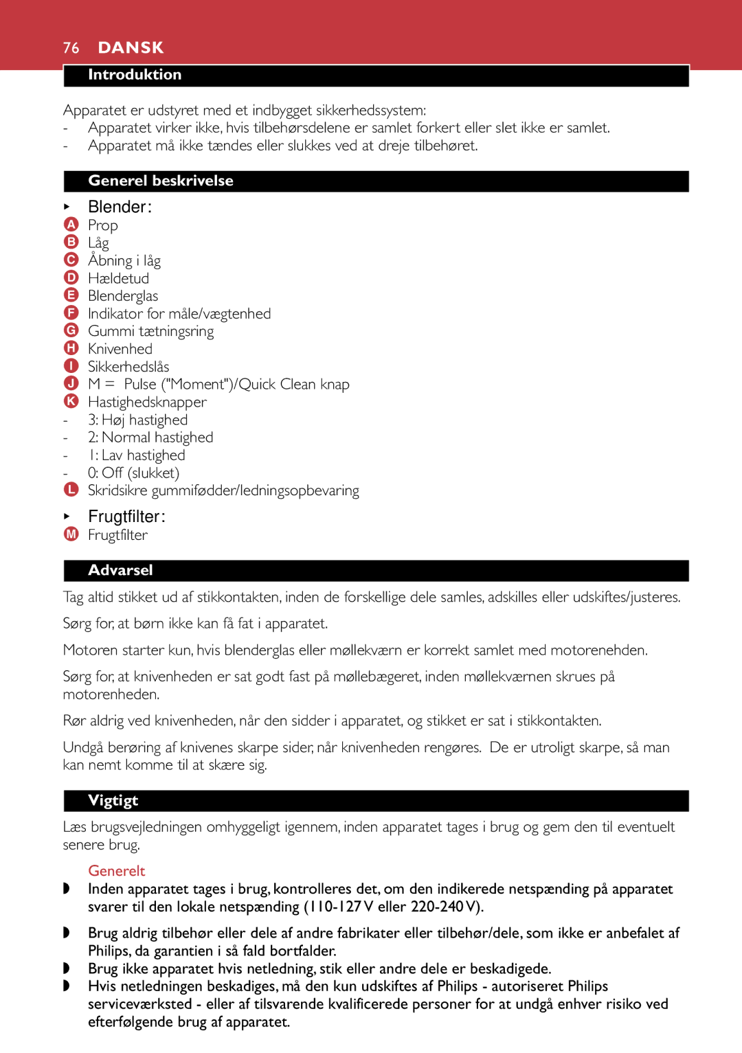 Philips HR1747, HR1741 manual Dansk, Frugtfilter, Introduktion, Generel beskrivelse, Vigtigt 