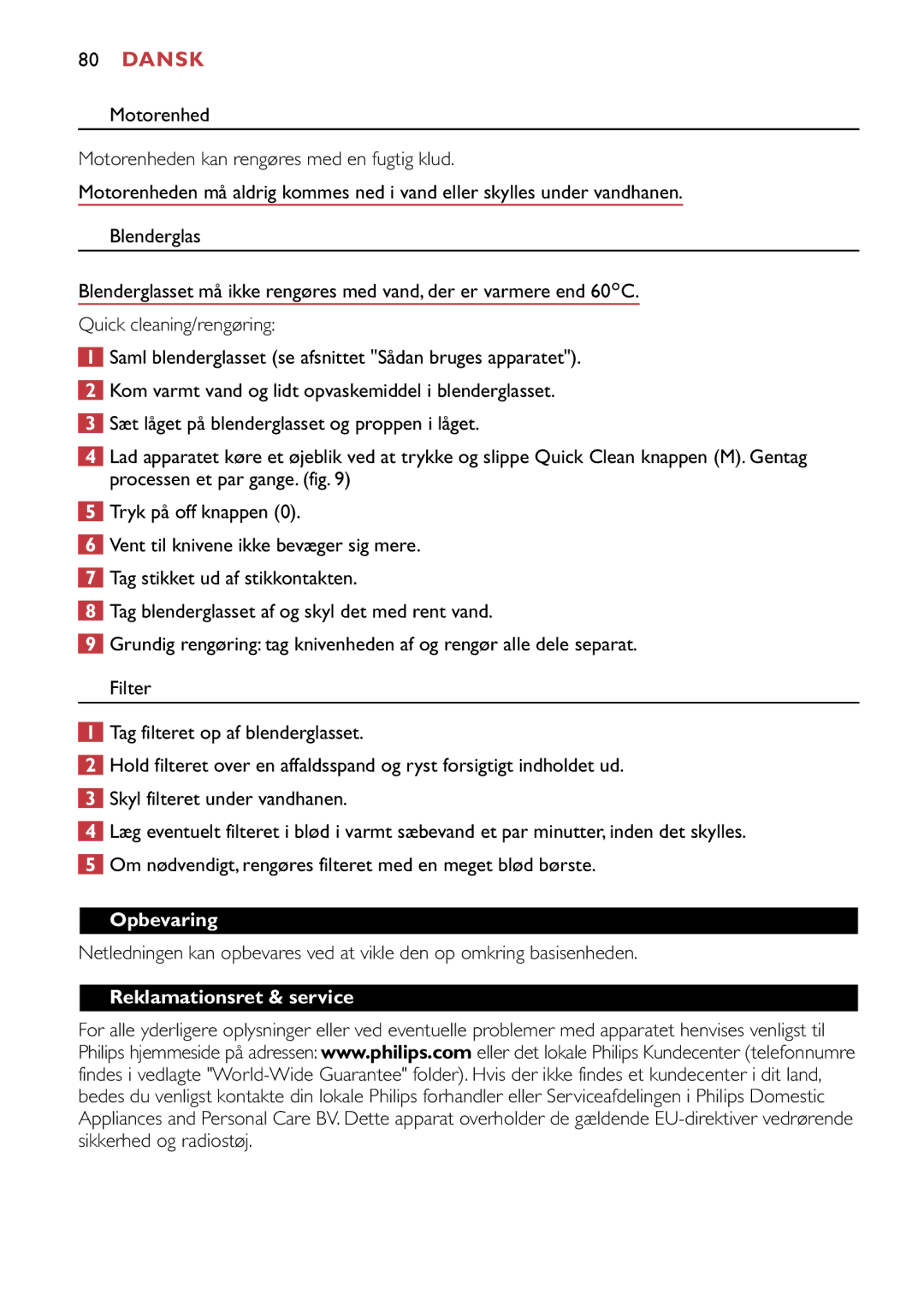 Philips HR1747, HR1741 manual Opbevaring, Reklamationsret & service 