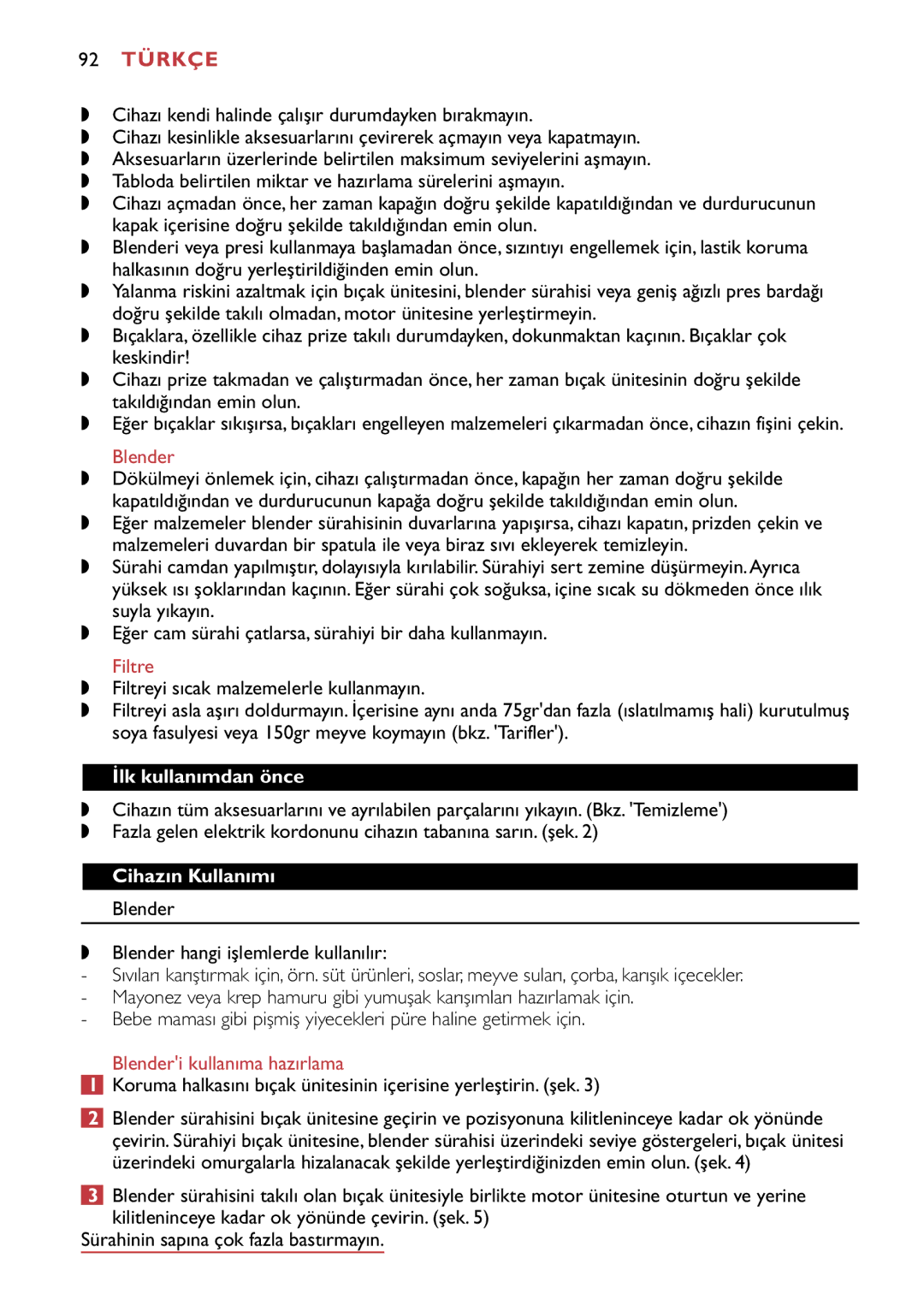 Philips HR1747, HR1741 manual 92 Türkçe, İlk kullanımdan önce, Cihazın Kullanımı, Blenderi kullanıma hazırlama 